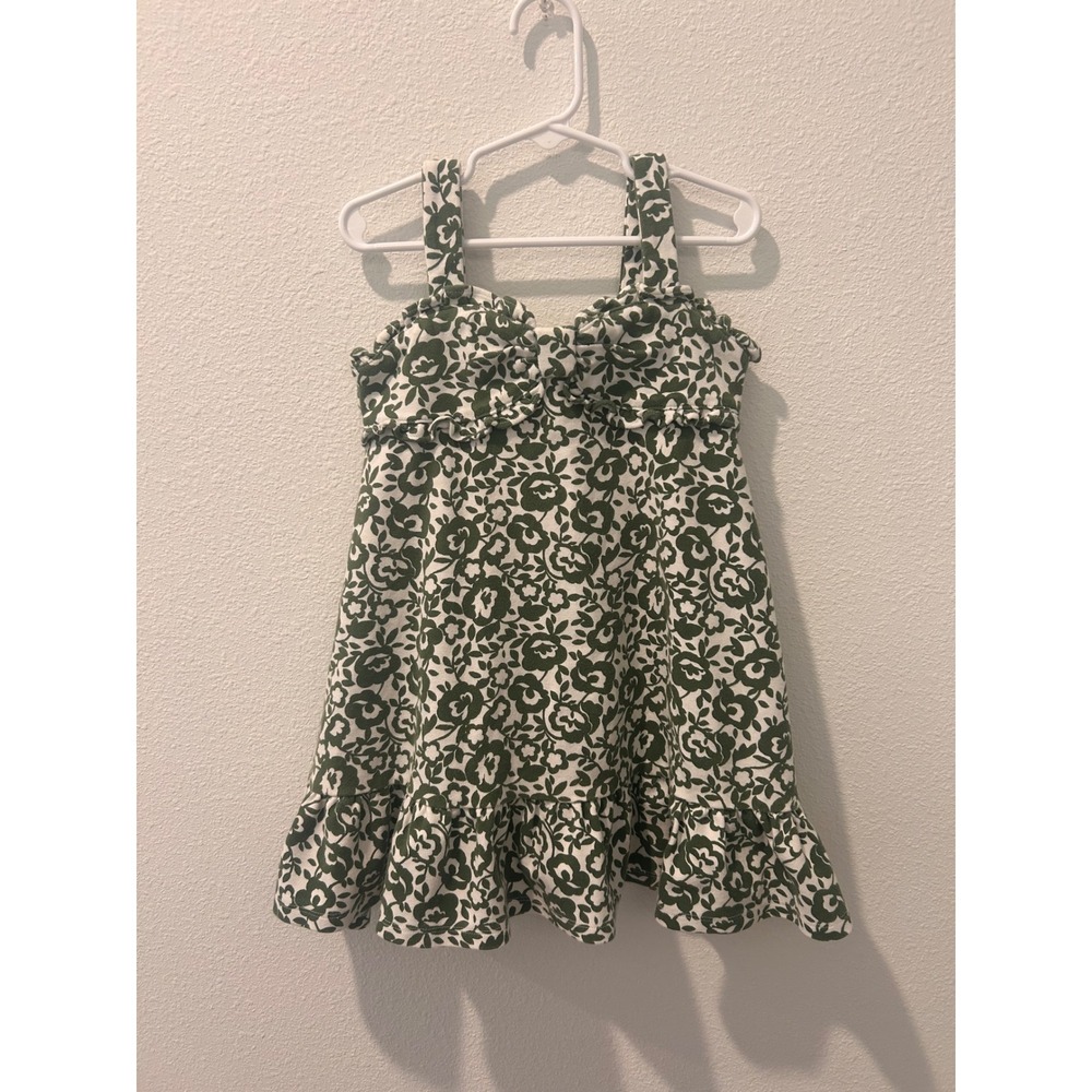 Janie and Jack Girls Green White Floral Bow Ruffle Dress Size 5 Sleeveless